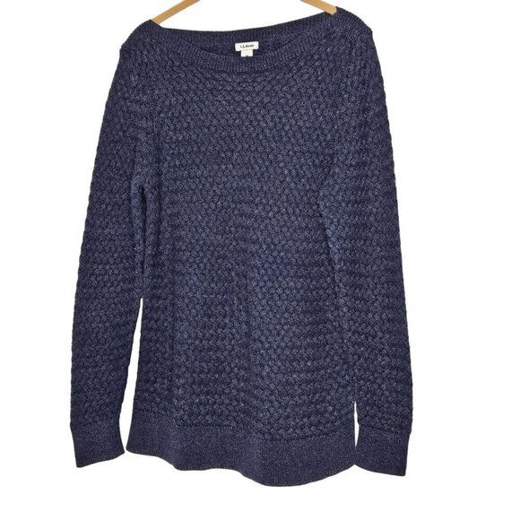 L.L.Bean Womens Textured Navy‎ Blue Cable Knit Boat Neck Sweater M 100% Cotton - Picture 1 of 9
